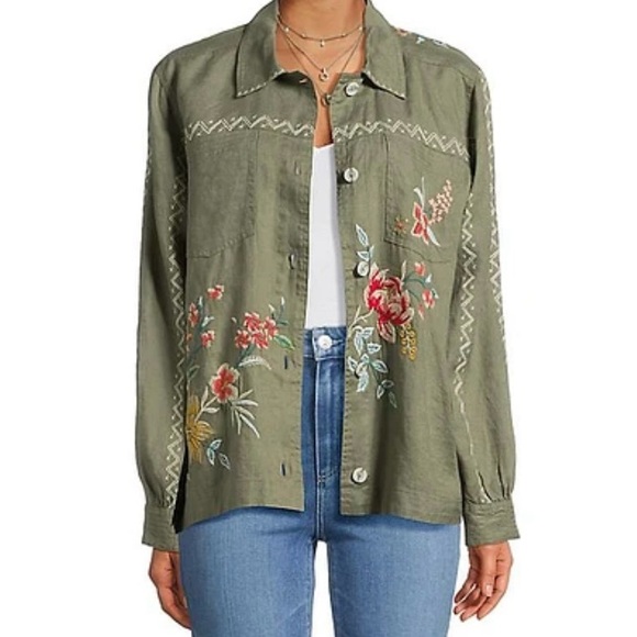 Johnny Was Andrean Relaxed Linen blouse Embroidered Olive Green size M